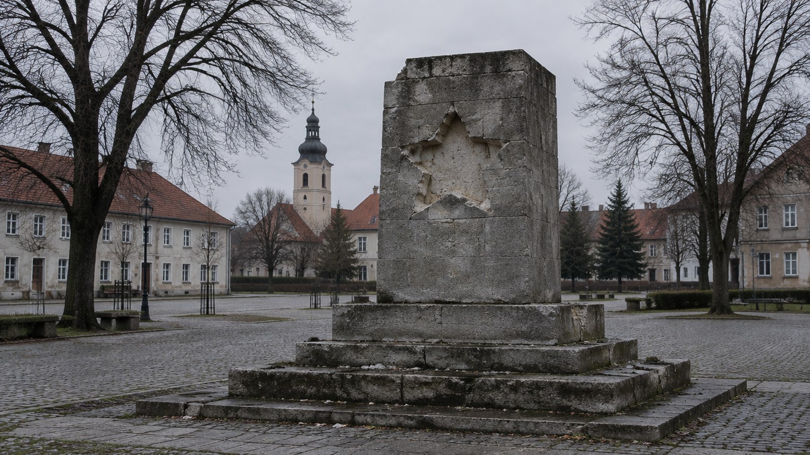 Pusty cokół po pomniku sowieckim na rynku małego miasta, ilustracja o pomnikach Armii Czerwonej w Polsce