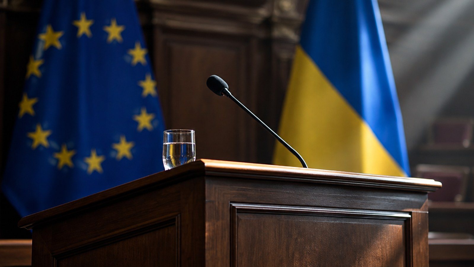 Mównica z flagami UE i Ukrainy, ilustracja o sankcjach wobec Ukrainy w 2014 roku