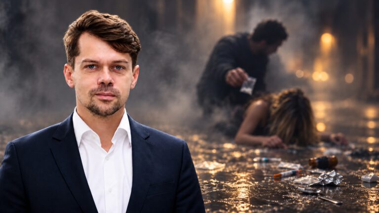 Michał Kołodziejczak w garniturze, w tle ilustracja kobiety leżącej na mokrej ulicy nocą