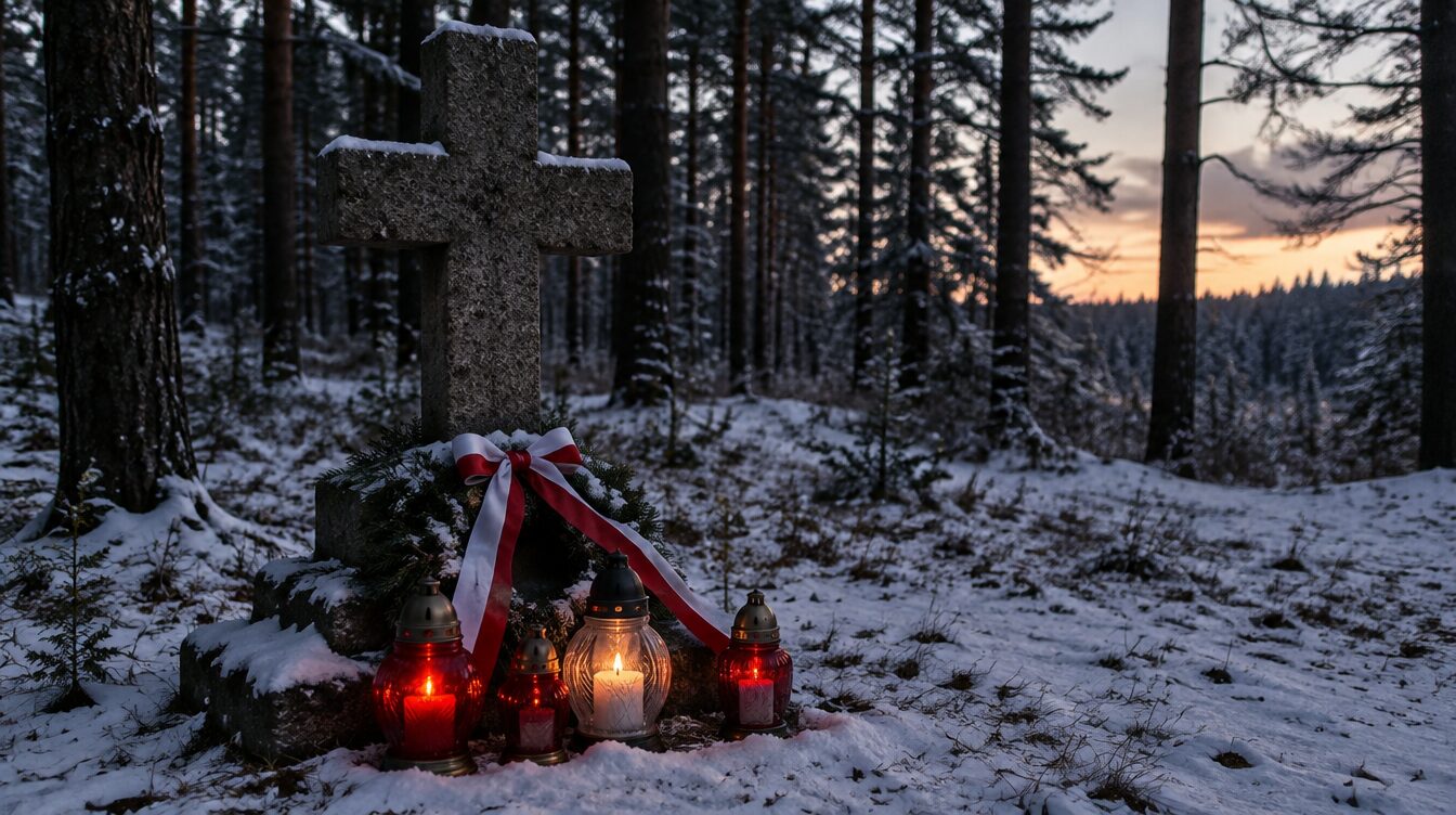 Znicze i biało-czerwona wstęga pod kamiennym krzyżem w zimowym lesie, miejsce pamięci Żołnierzy Wyklętych