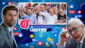 Zdjęcie z profilu Sok z Buraka z Tuskiem i Trzaskowskim na marszu, po bokach Mariusz Kozak-Zagozda i Roman Giertych