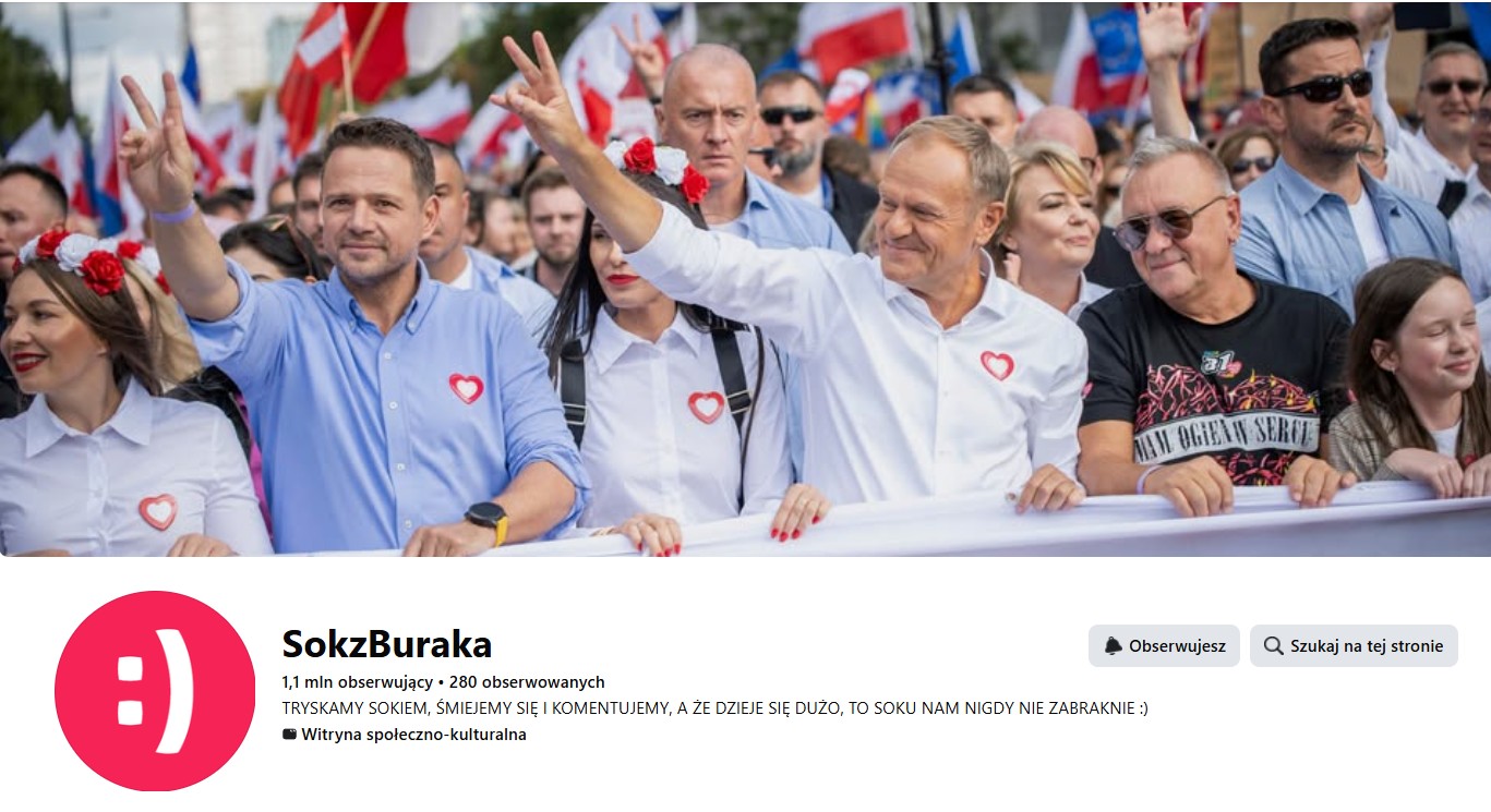 Profil SokzBuraka na Facebooku z 1,1 mln obserwujących, w tle Donald Tusk i Rafał Trzaskowski na marszu