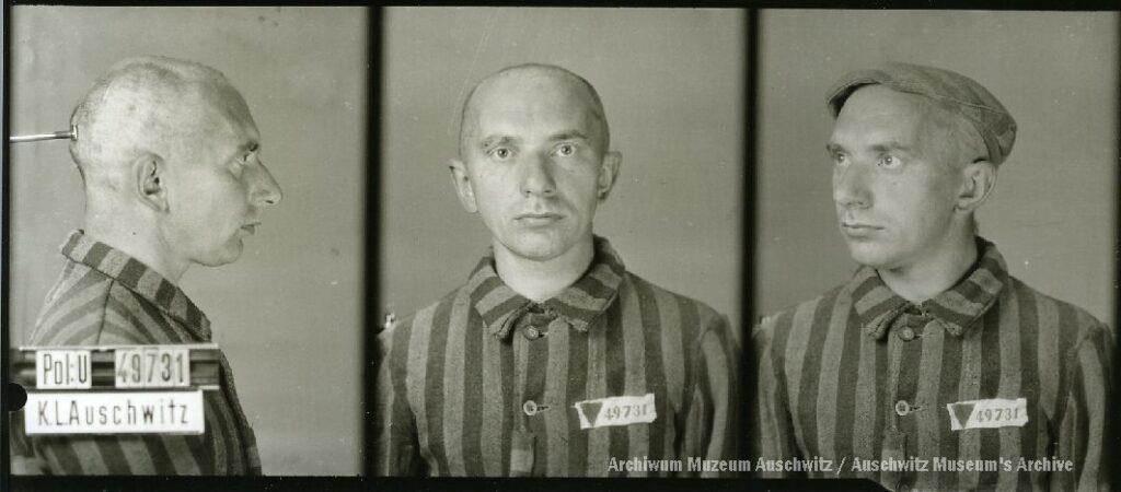 Obozowe zdjęcia ewidencyjne Stepana Łenkawskiego w pasiaku z numerem 49731 z KL Auschwitz