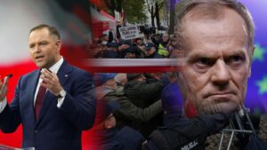 Karol Nawrocki i Donald Tusk na tle przepychanek z policją przed Trybunałem Konstytucyjnym