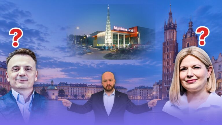 Witold Tumanowicz wskazuje na Łukasza Gibałę i Monikę Piątkowską na tle Rynku Głównego w Krakowie i kina