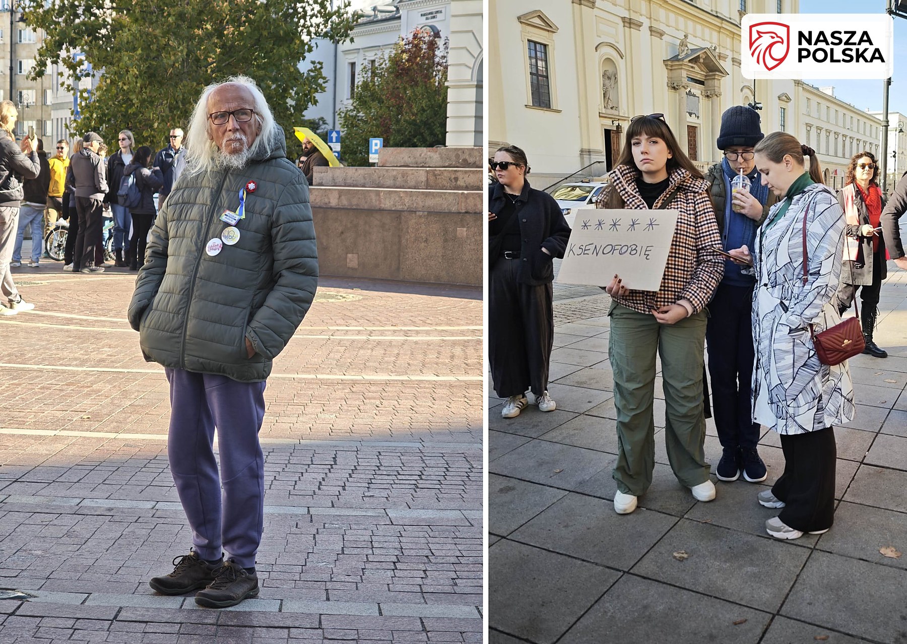 Starszy uczestnik manifestacji z przypinkami oraz grupa młodych osób z kartonem o ksenofobii na Krakowskim Przedmieściu