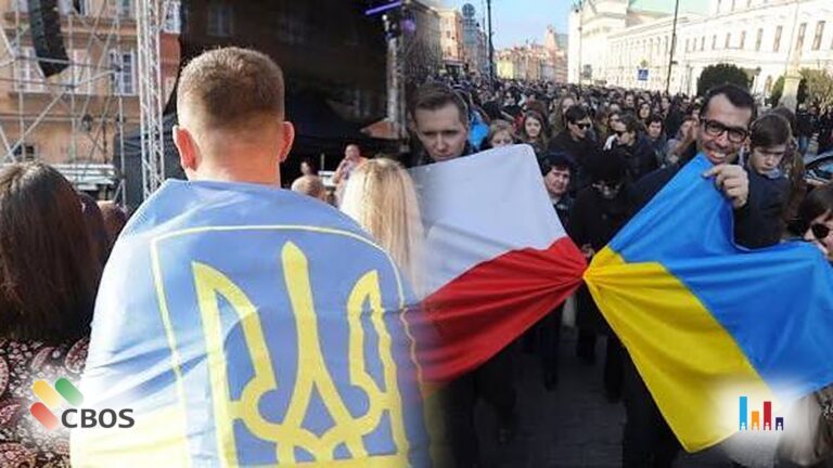 Mężczyzna owinięty flagą Ukrainy wśród flag Polski i Ukrainy, grafika do sondażu CBOS o akcesji Ukrainy do UE