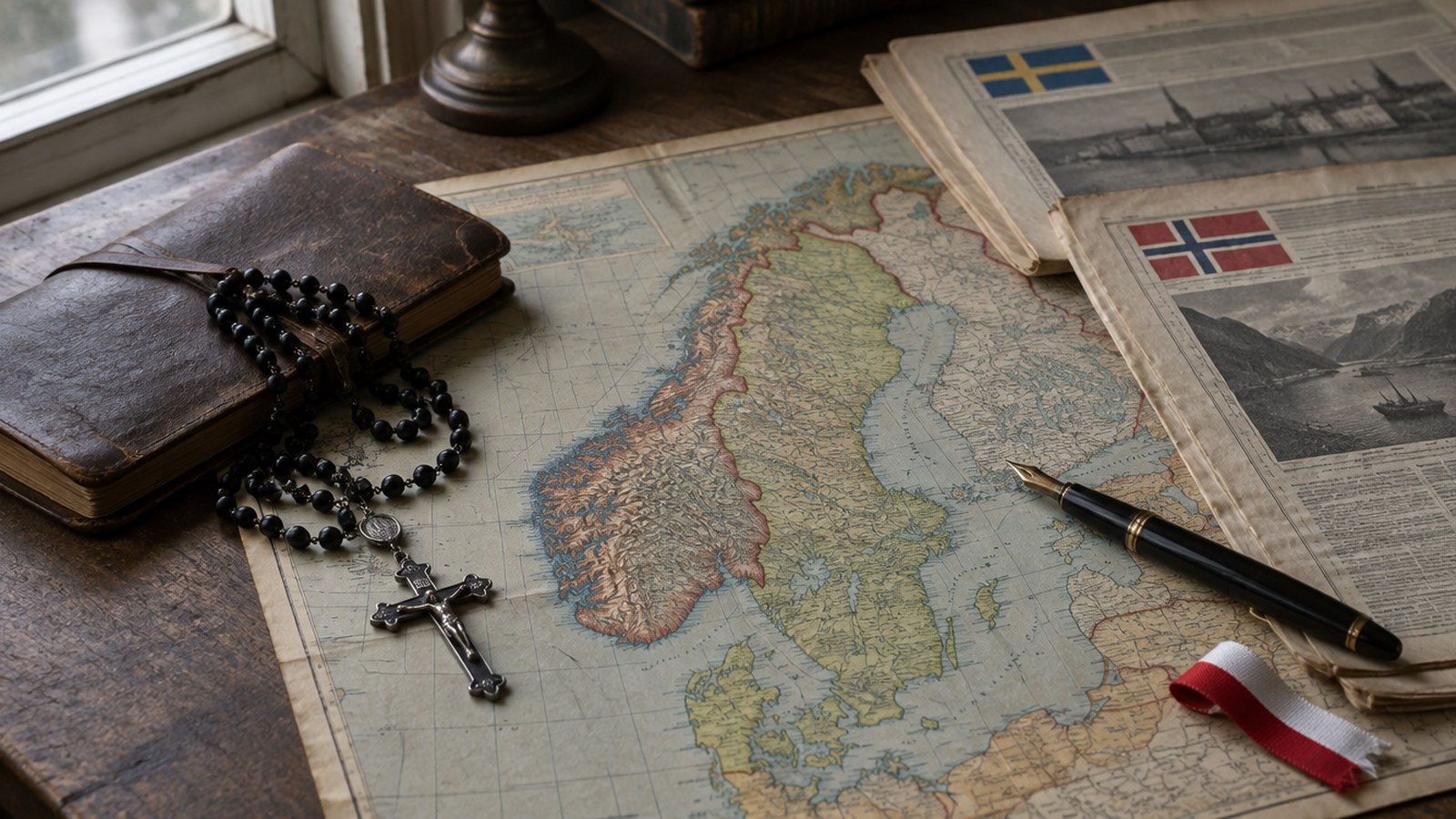 Różaniec i mapa Skandynawii z gazetami, ilustracja do tekstu o Urszuli Ledóchowskiej