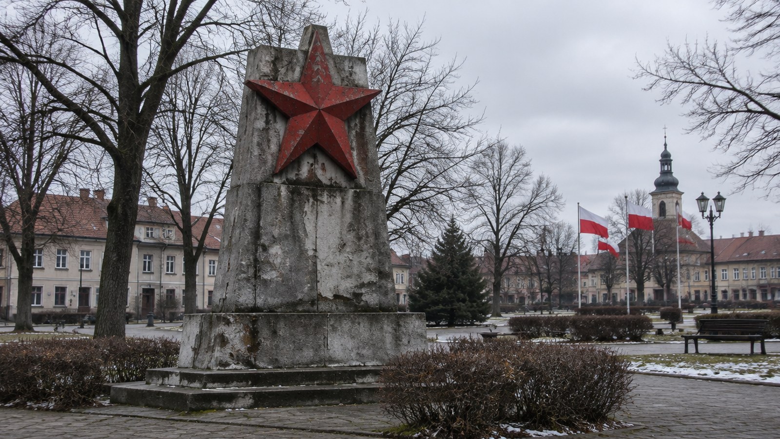 Pomnik z czerwoną gwiazdą w polskim mieście, ilustracja do apelu o ustawę dekomunizacyjną