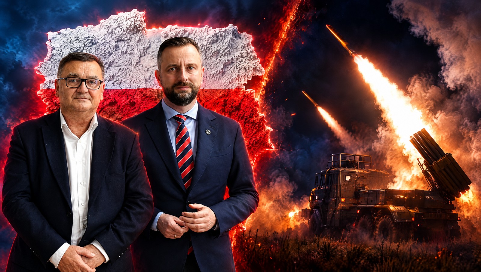 Wójt gminy Gdów Zbigniew Wojas i minister obrony narodowej Władysław Kosiniak-Kamysz na tle mapy Polski i wyrzutni rakiet