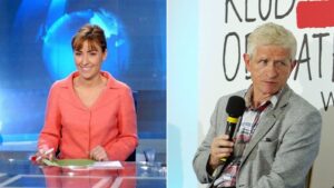 Dorota Wysocka-Schnepf w studiu telewizyjnym i prof. Roman Kuźniar z mikrofonem podczas debaty