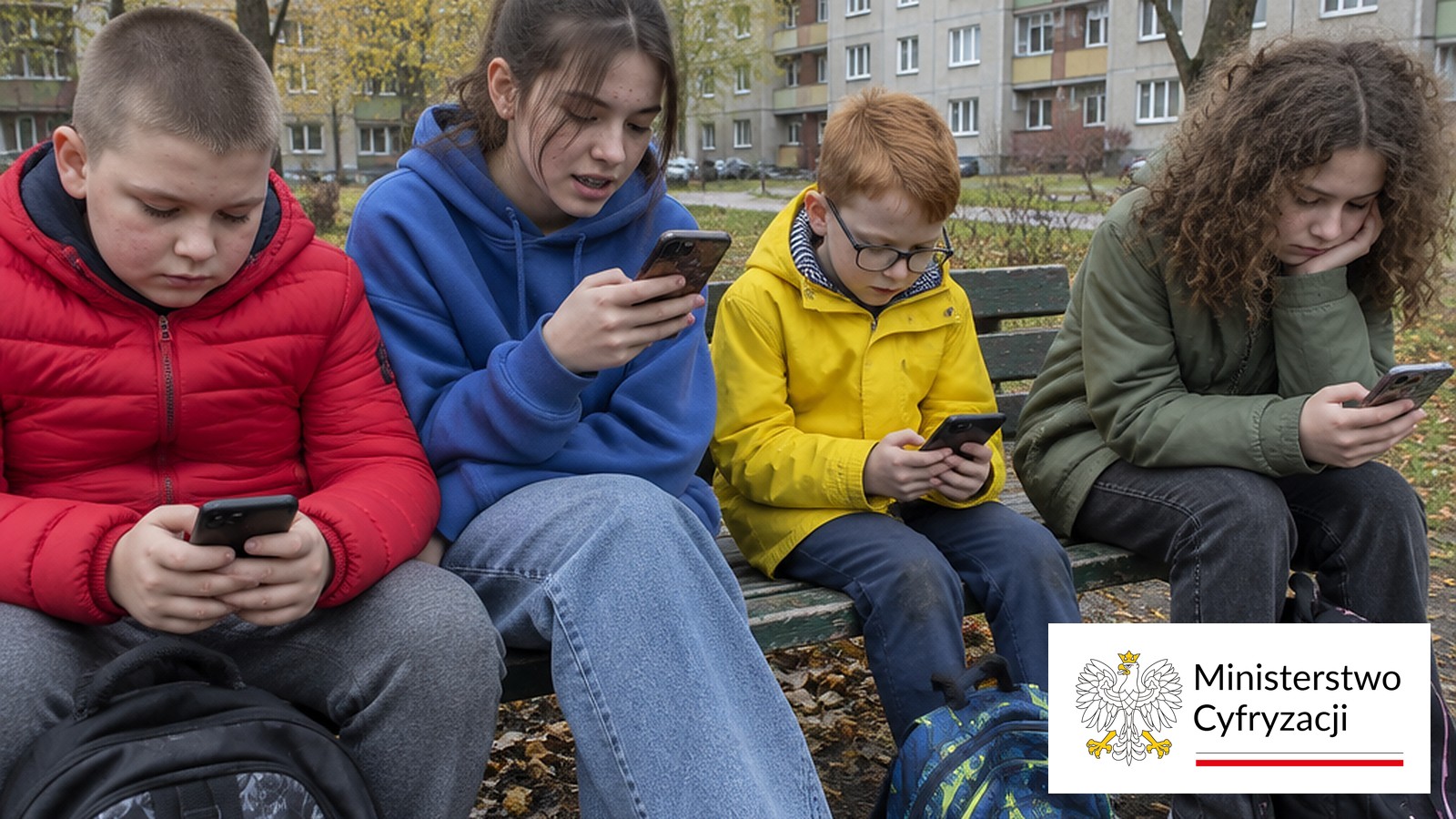Czworo dzieci na ławce patrzy w telefony, obok logo Ministerstwa Cyfryzacji, temat zakazu mediów społecznościowych do 15 lat