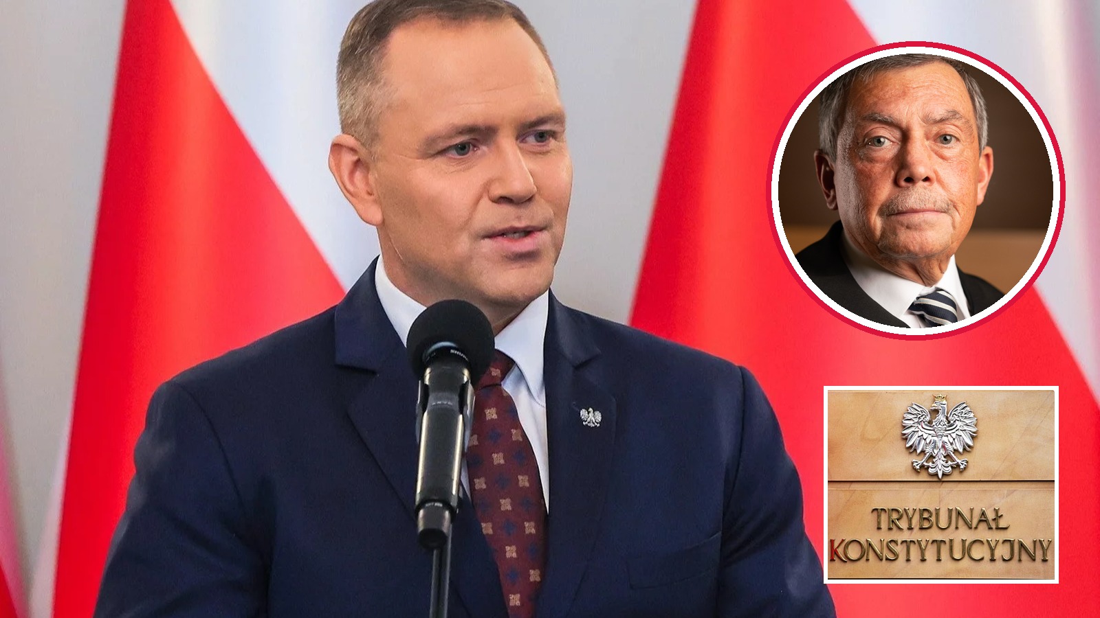 Prezydent Karol Nawrocki przy mikrofonie na tle flag, obok portret sędziego Bartłomieja Sochańskiego i tablica TK