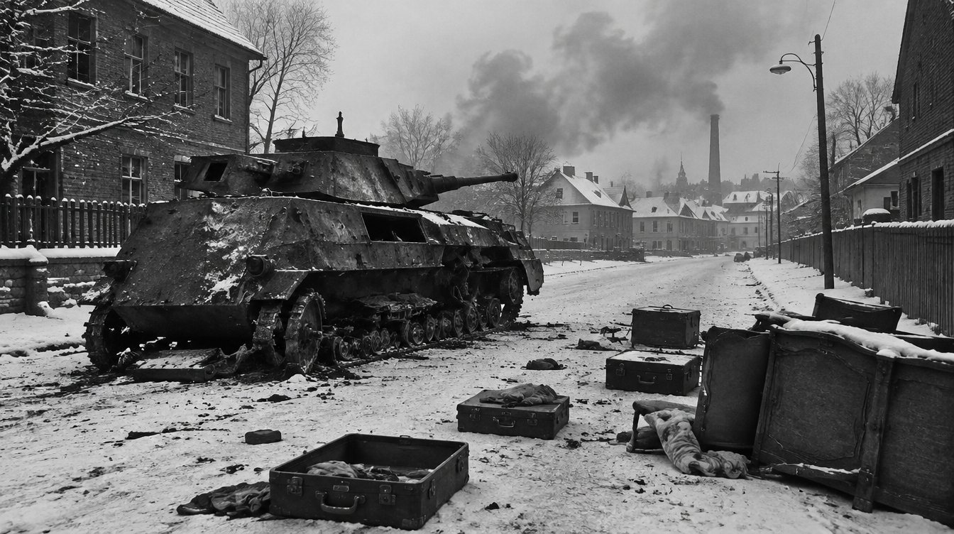 Zniszczony niemiecki pojazd pancerny na zaśnieżonej ulicy śląskiego miasteczka w styczniu 1945 roku