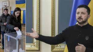 Wołodymyr Zełenski wskazuje dłonią w stronę wyborców wrzucających karty do przezroczystej urny w lokalu wyborczym