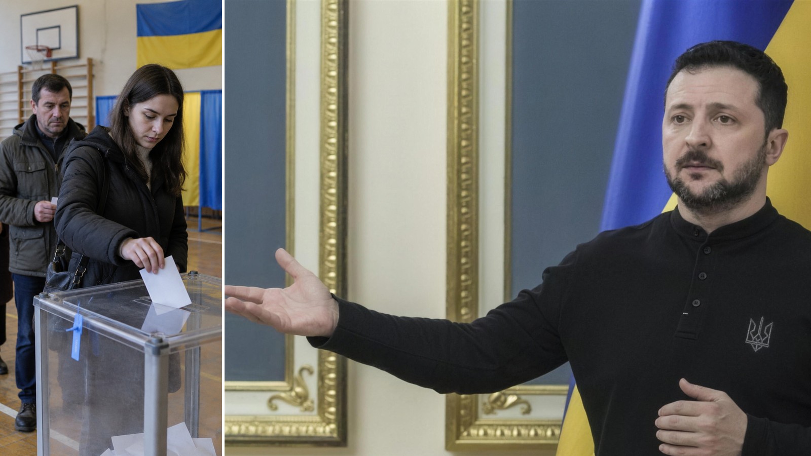 Wołodymyr Zełenski wskazuje dłonią w stronę wyborców wrzucających karty do przezroczystej urny w lokalu wyborczym