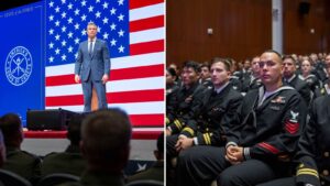 kolaż dwóch zdjęć - pete hegseth w bazie w Quantico i obok zdjęcie żołnierzy słuchających jego przemówienia